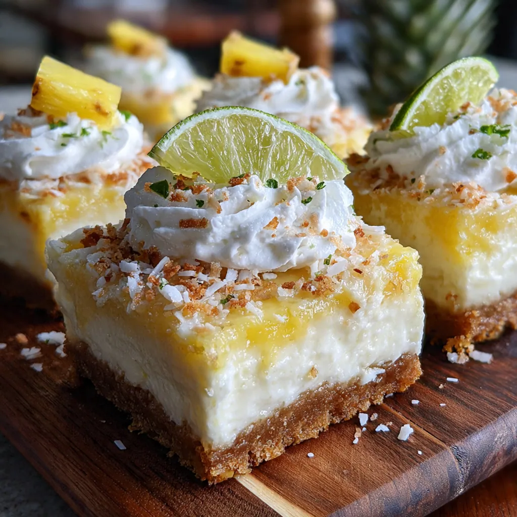 Close-up view of a sliced cheesecake bar showing the layered coconut crust and pineapple speckled topping