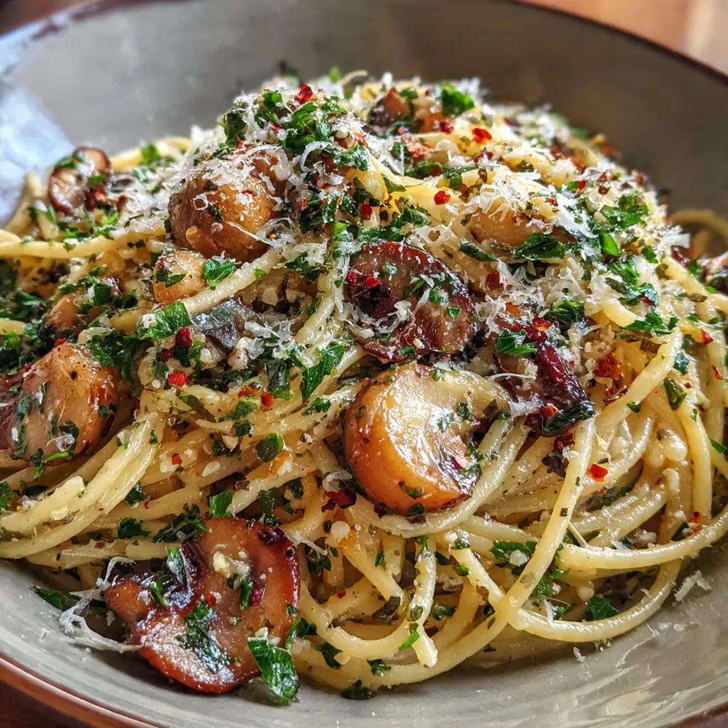 Overhead shot of a bowl of pappardelle coated in a smooth, nutty chestnut sauce