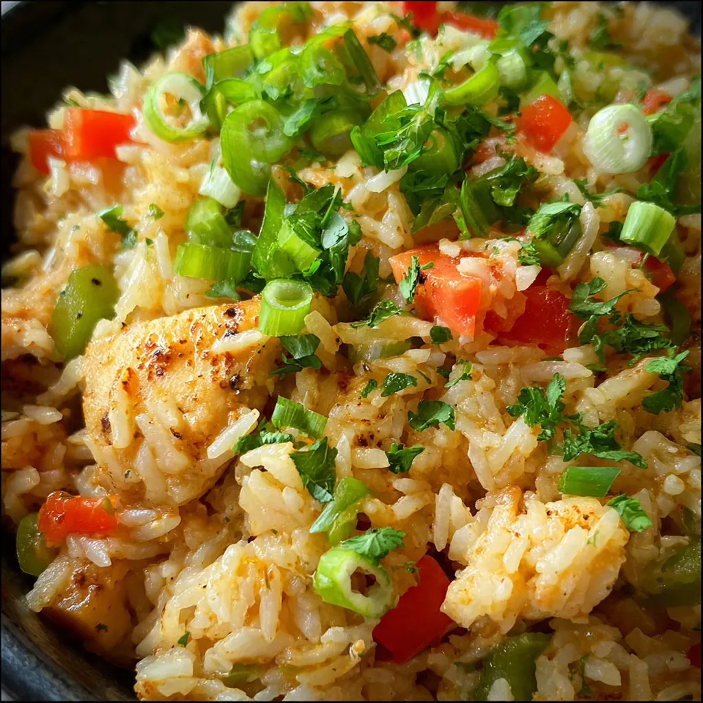 A complete Southern meal plate with Cajun rice, golden fried chicken, and collard greens