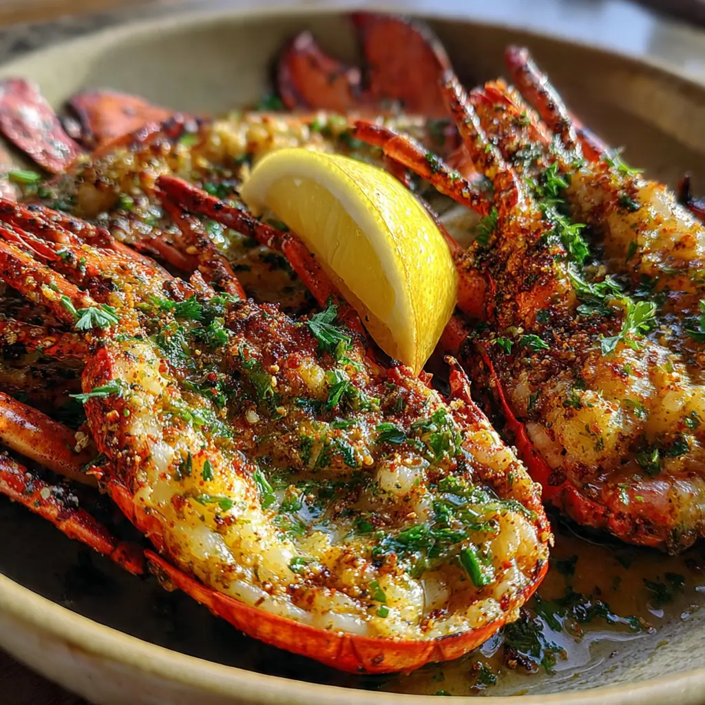 Close-up of a split lobster tail with meat pulled up, basted in golden garlic butter sauce