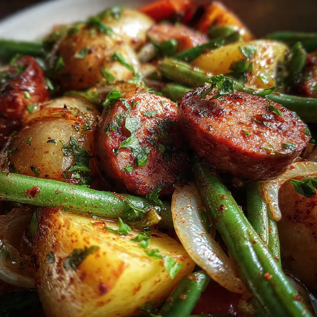 Overhead view of the finished sausage and potatoes skillet garnished with fresh parsley in a cast iron pan