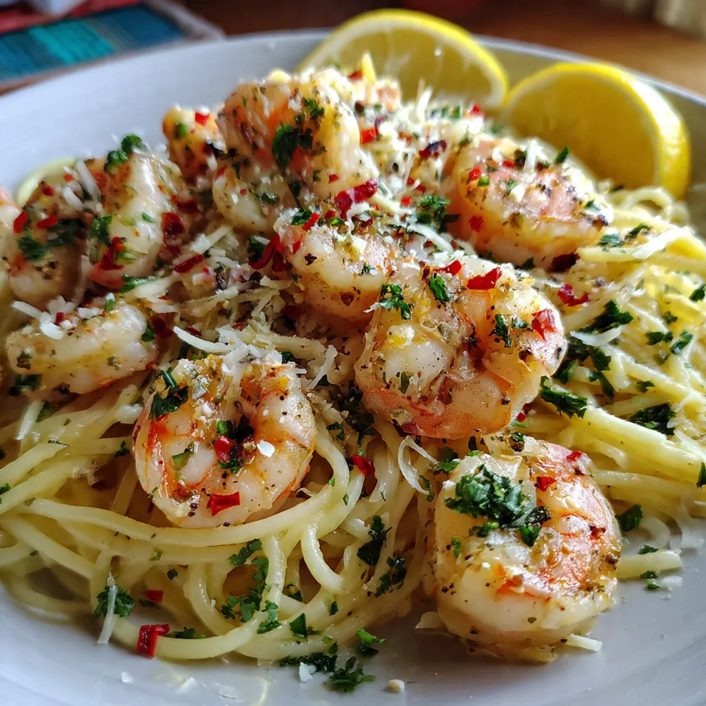 Sizzling skillet of shrimp scampi with lemon wedges and fresh parsley on the side