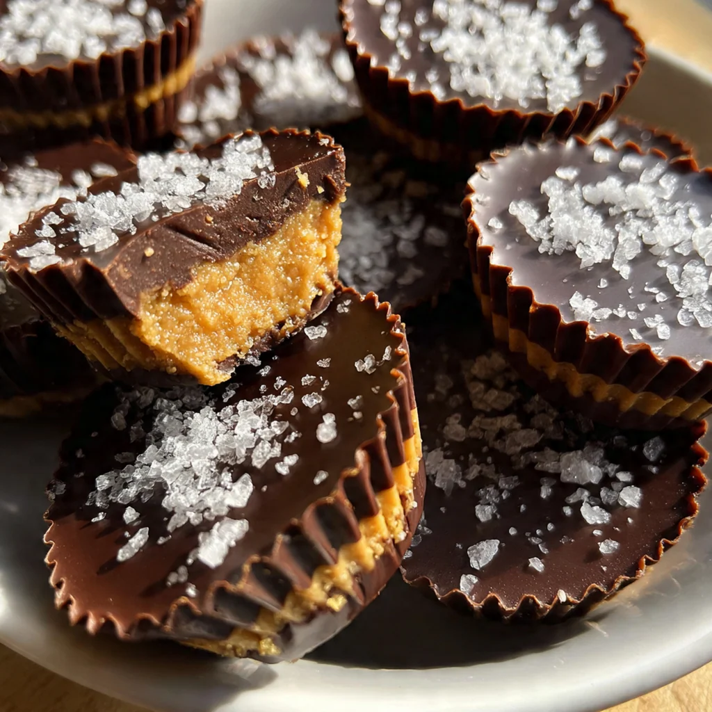 A stack of homemade peanut butter cups on a plate next to a glass of milk