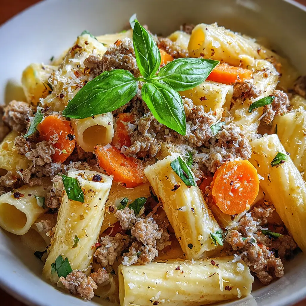 A finished bowl of White Bolognese Pasta topped with fresh parsley, extra Parmesan, and a drizzle of golden olive oil