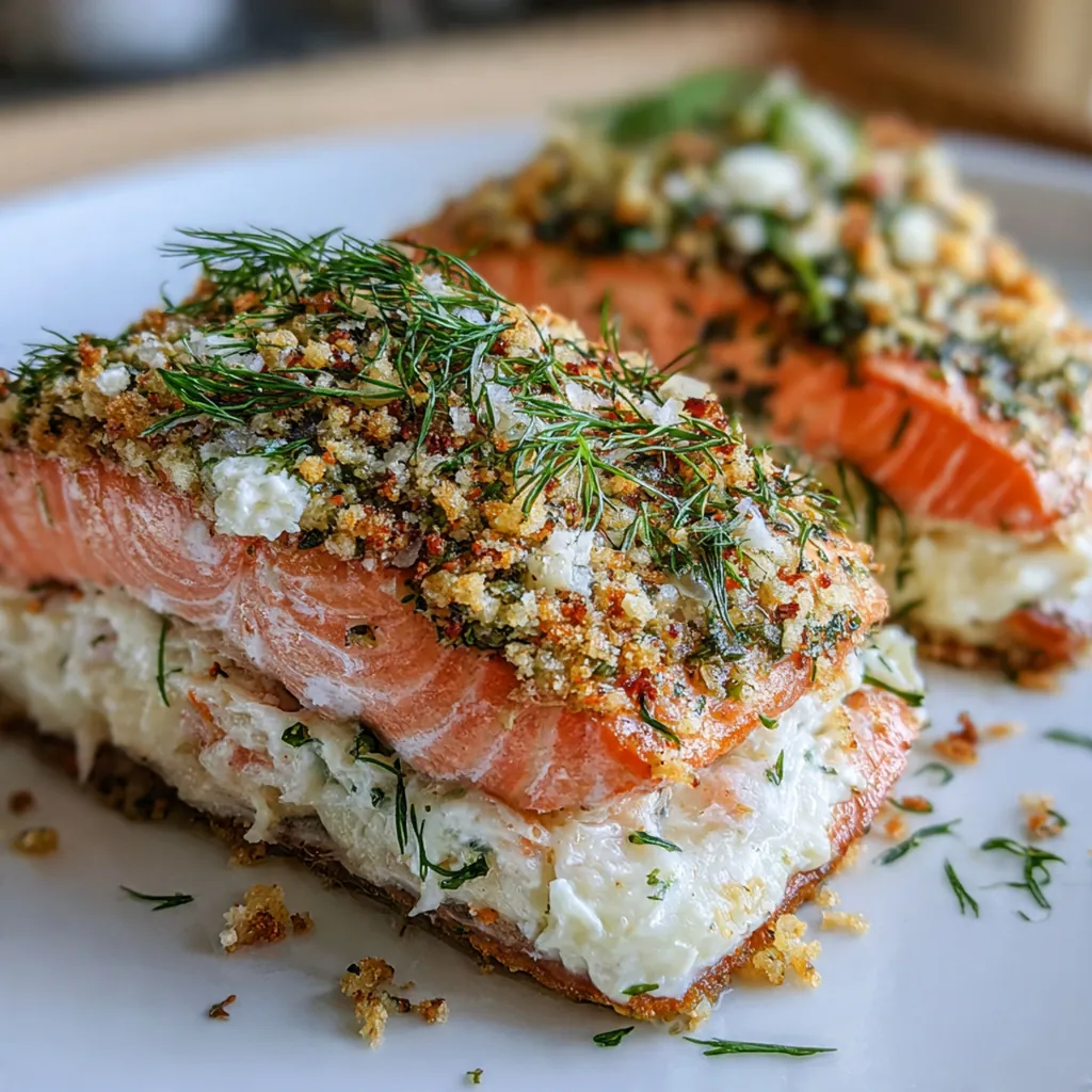An elegant dinner plate featuring stuffed salmon alongside roasted asparagus and garlic mashed potatoes.