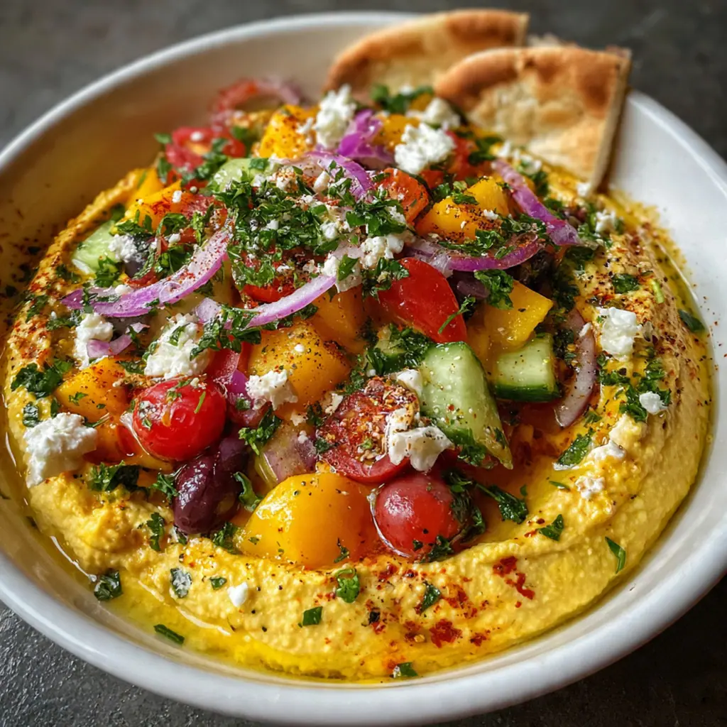 Close-up of Greek loaded hummus mango with feta crumbles and fresh mint garnish