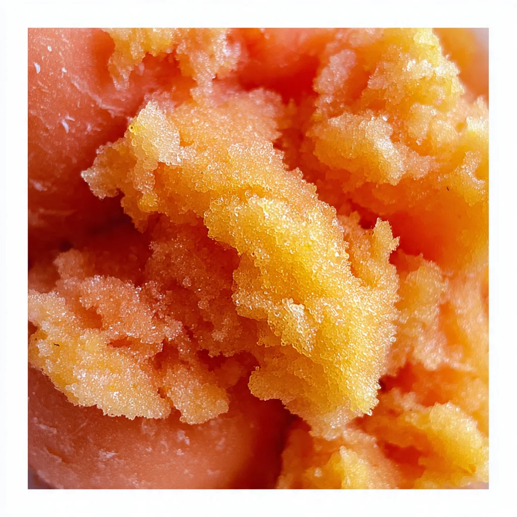 A glass dessert cup filled with peach sorbet drizzled with honey beside fresh peaches