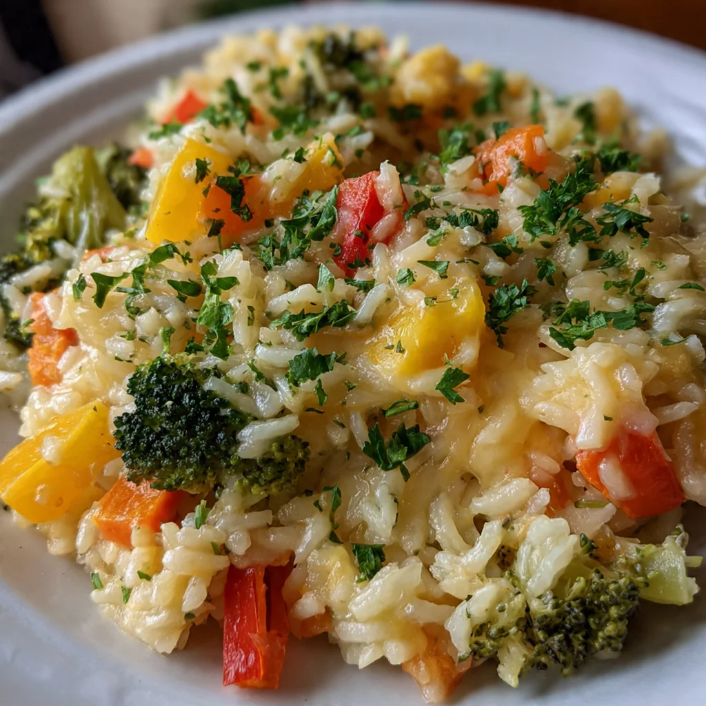 Plated serving of cheesy vegetable rice garnished with fresh parsley and grated parmesan