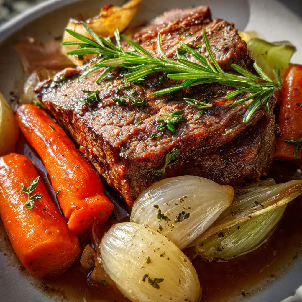 Close-up of a slice of juicy medium-rare roast beef with herbs and pan gravy drizzled over top