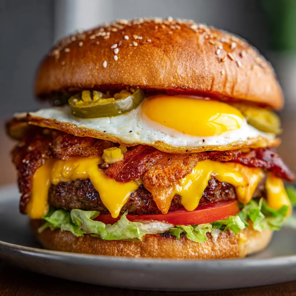 Close-up of a perfectly cooked sunny-side up egg with a golden yolk on top of a cheeseburger and bacon
