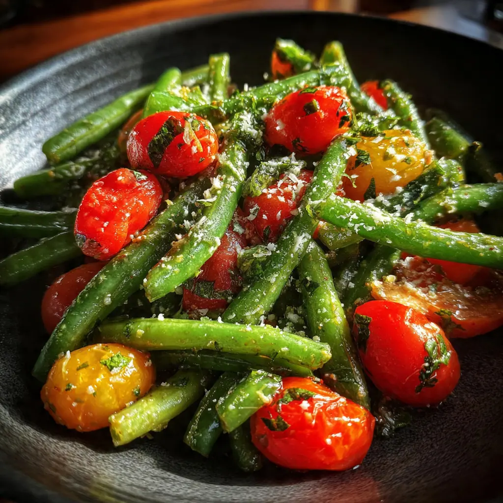 Close-up of glossy green beans and burst tomatoes with fresh basil and parsley
