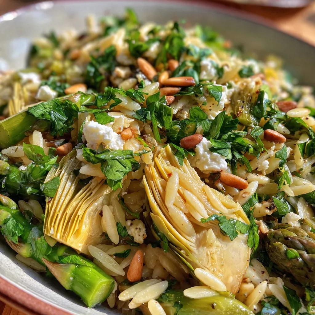 Close up view of the Mediterranean orzo dish featuring toasted pine nuts and fresh herbs