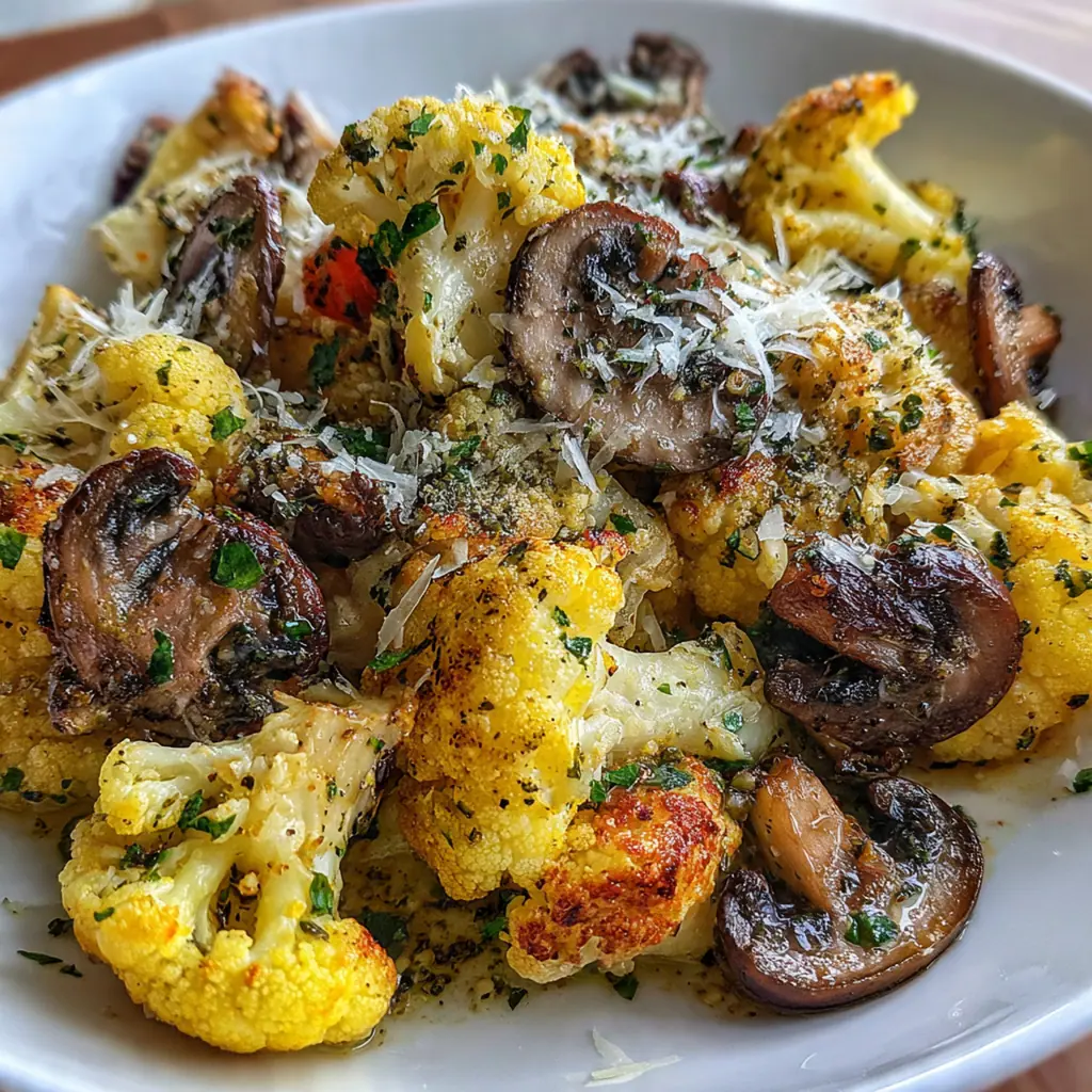 Fresh cauliflower mushroom clusters, whole garlic cloves, and thyme sprigs arranged on a wooden board