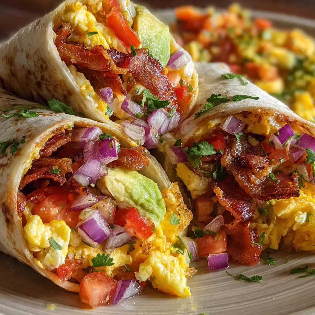 Close-up of a skillet with sizzling bacon, diced vegetables, and scrambled eggs ready to be wrapped