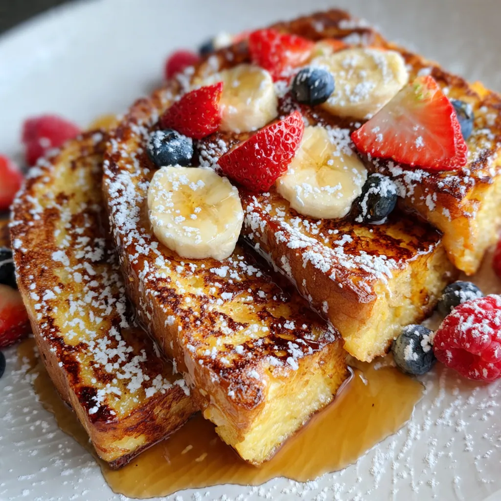 A beautiful breakfast plate with French toast, fresh strawberries and blueberries, and a drizzle of syrup