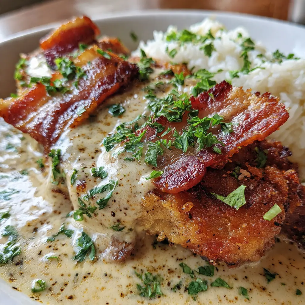 Close-up of country fried pork with savory bacon gravy and fresh parsley garnish