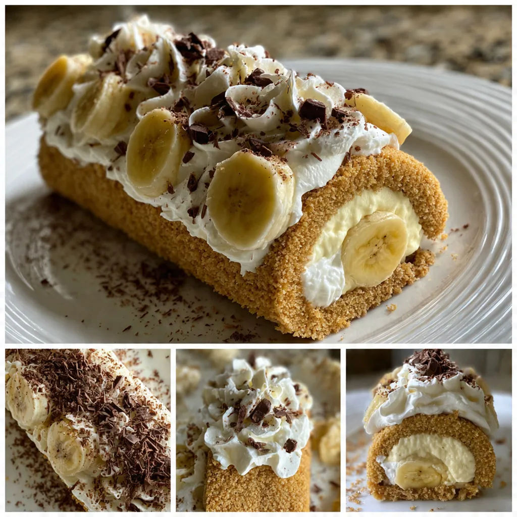 Overhead shot of the whole dessert roll garnished with banana slices and caramel drizzle
