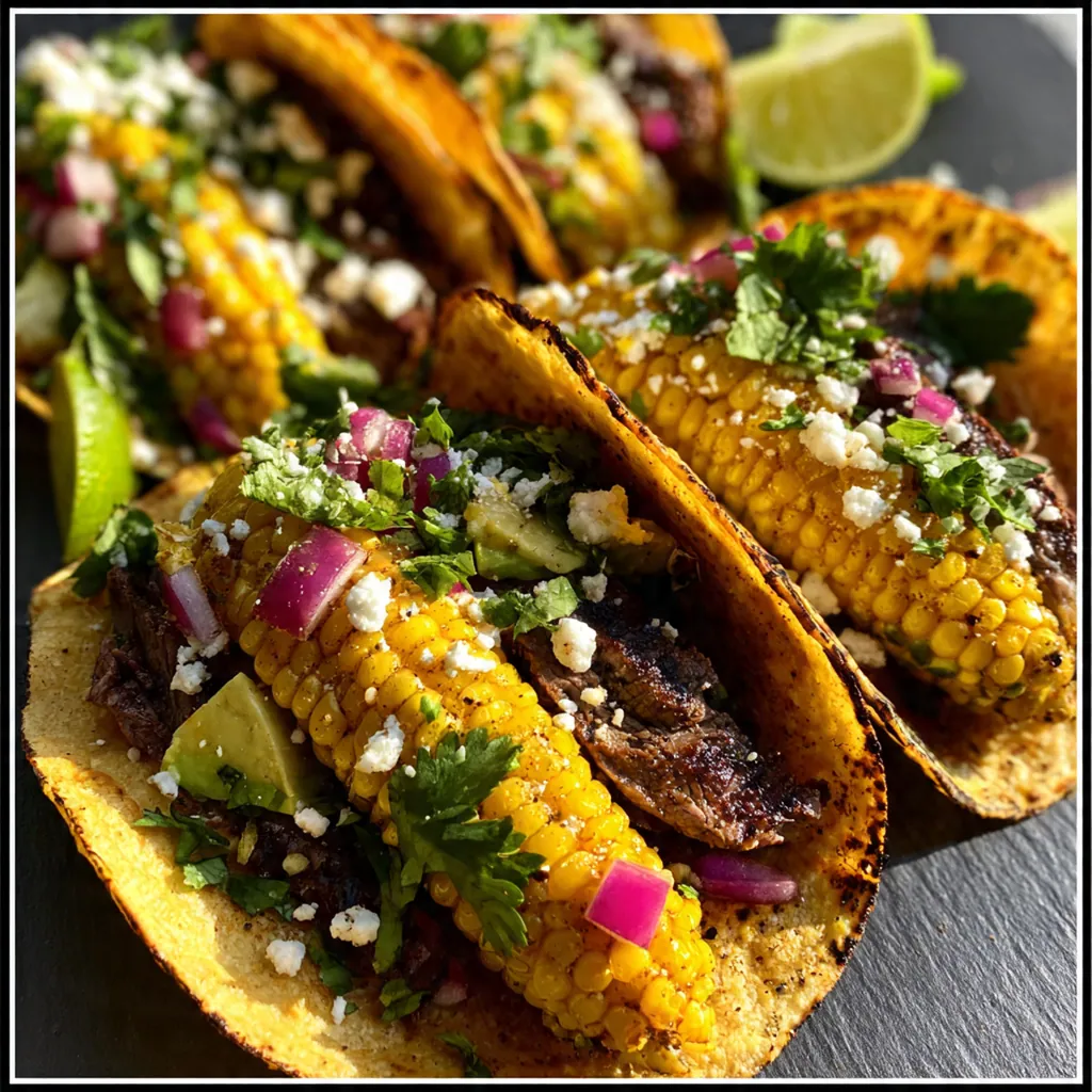 Overhead view of a casual taco feast with steak, tortillas, elote sauce, and all the garnishes spread out on a rustic wooden table