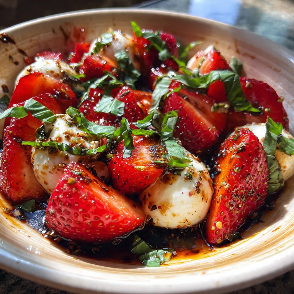 Close-up of a fork lifting a slice of strawberry and mozzarella with a fresh basil leaf