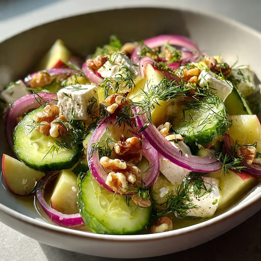 Close-up of a forkful of the crisp salad showcasing toasted walnuts and fresh dill