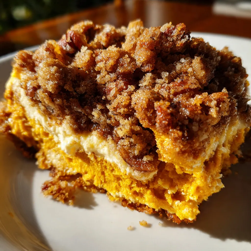 Overhead shot of the finished pumpkin loaf with cracked streusel topping next to a cup of coffee on a fall table