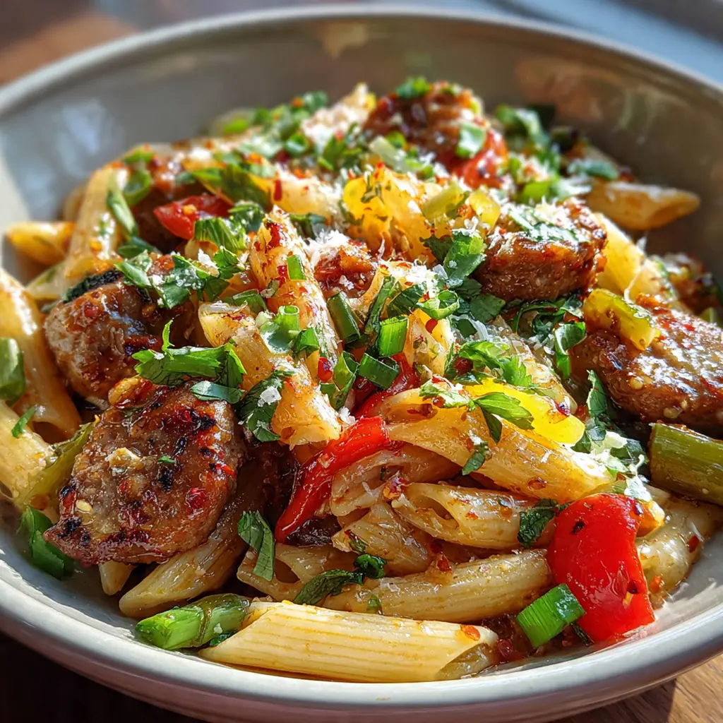 Family-style serving of finished pasta bake garnished with fresh parsley and green onions