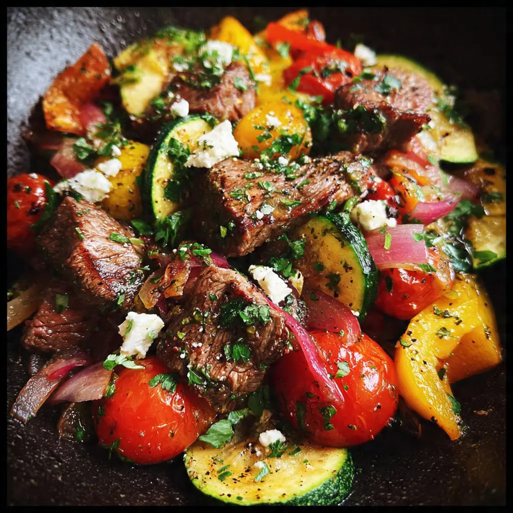 Close-up of tender flank steak strips mixed with colorful bell peppers, zucchini, and olives