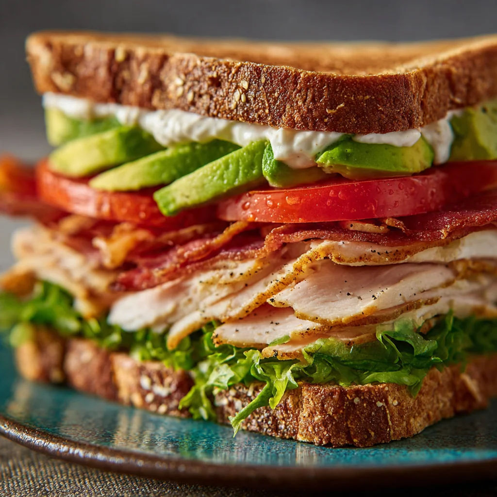 Close-up of a stacked turkey club sandwich showing layers of turkey, bacon, tomato, and lettuce