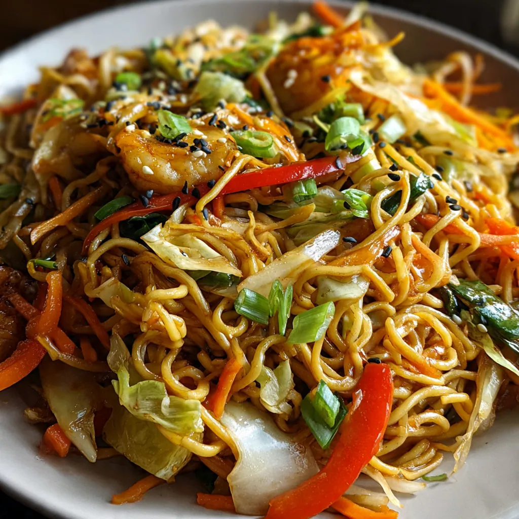 Freshly cooked chow mein in a hot wok with chicken and crisp vegetables tossed in savory sauce
