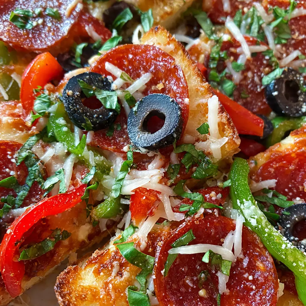 Four golden personal pizzas on a wooden board, each topped differently with olives, peppers, and fresh basil