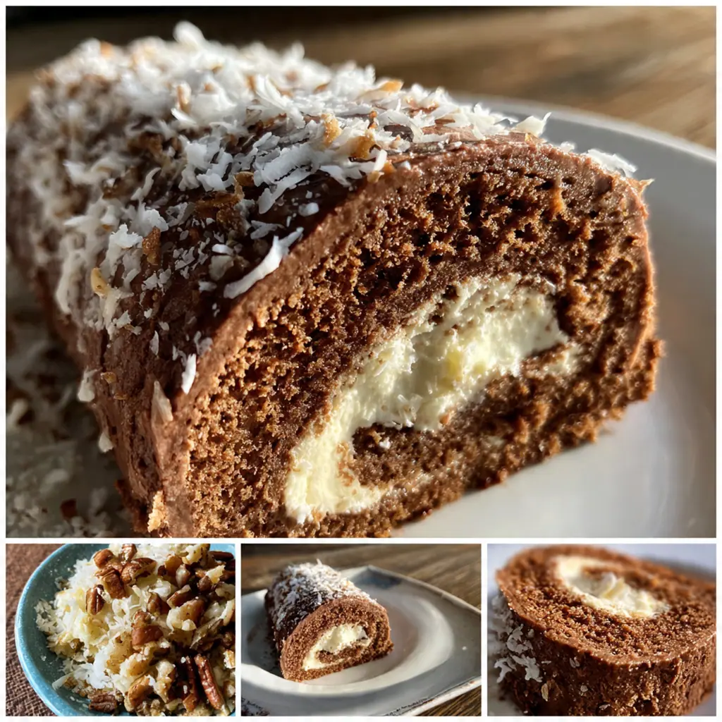 Close-up of the rich, gooey coconut-pecan filling with chopped pecans in a German Chocolate Cake Roll