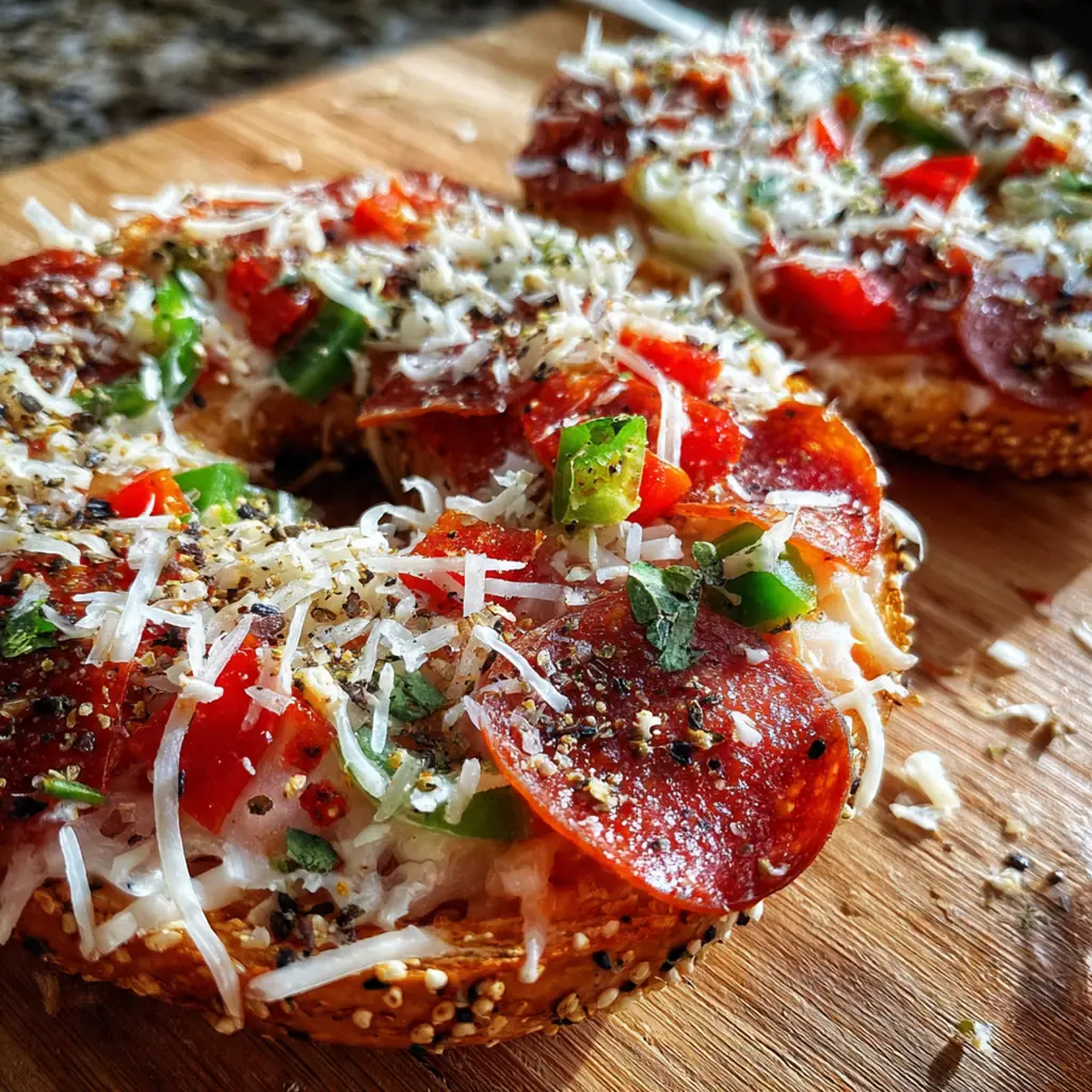 Freshly baked pizza bagels on a wooden cutting board with fresh basil