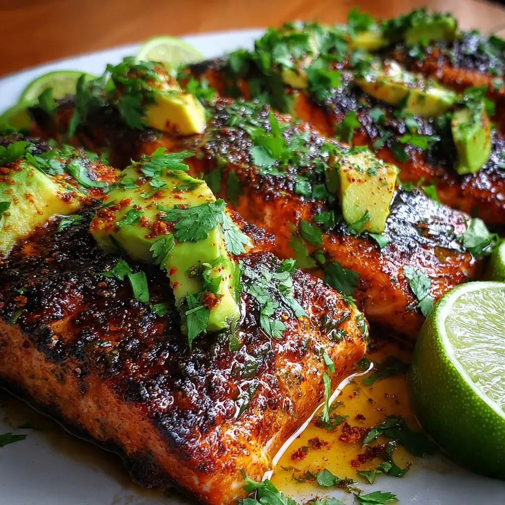 A complete dinner plate featuring blackened salmon with avocado slices, lemon wedges, and fresh herbs