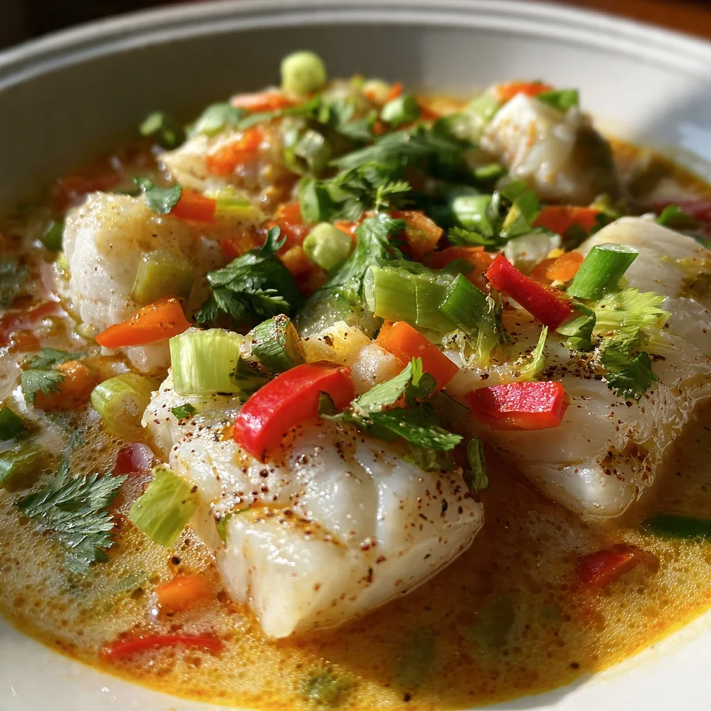 Tender white fish and baby bok choy swimming in a fragrant, creamy coconut broth