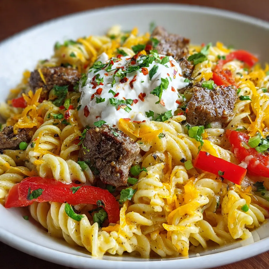 Close-up of a fork twisting through rotini pasta coated in rich cheese sauce with ground beef