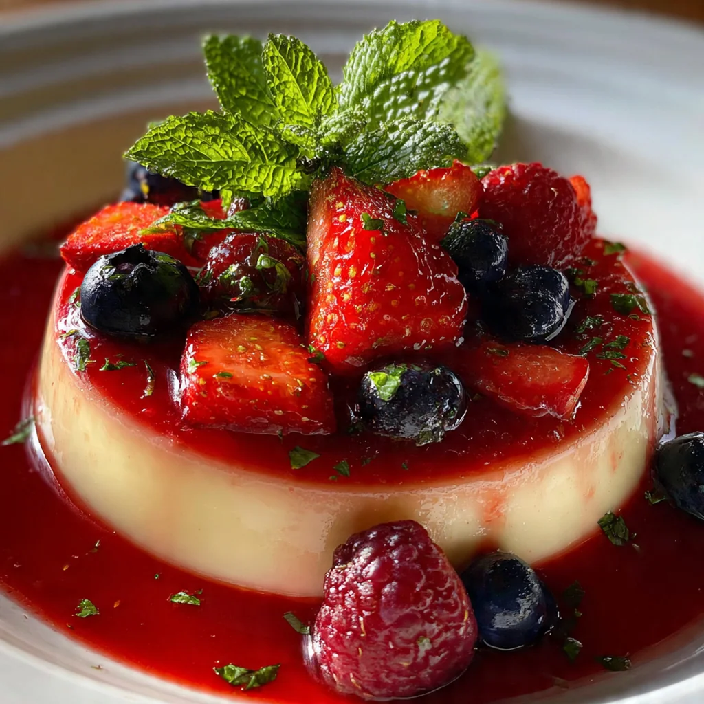 Close-up of a creamy panna cotta in a glass topped with fresh berries and a mint sprig