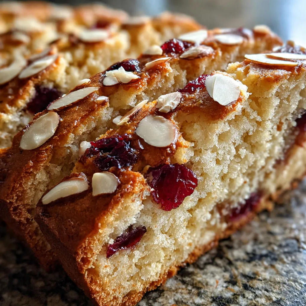 A whole loaf of golden brown almond cherry bread in a loaf pan with a crumbly top and toasted almond slices