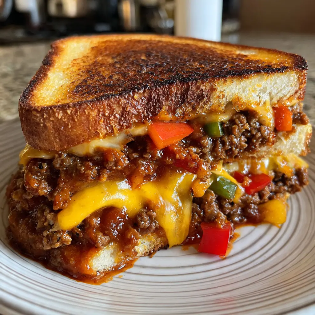 A plated sloppy joe grilled cheese sandwich with dill pickles and potato chips on the side