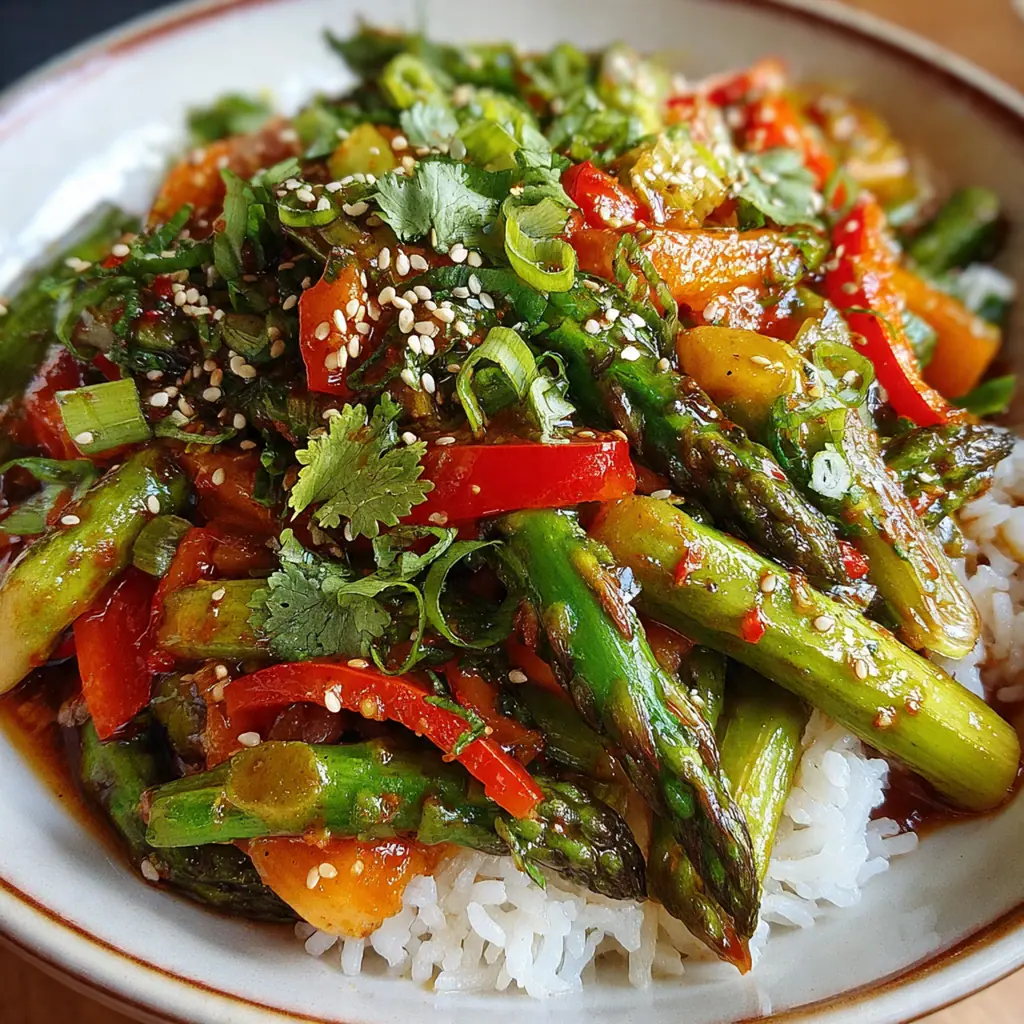 Plated Asian asparagus garnished with sliced scallions next to a bowl of rice