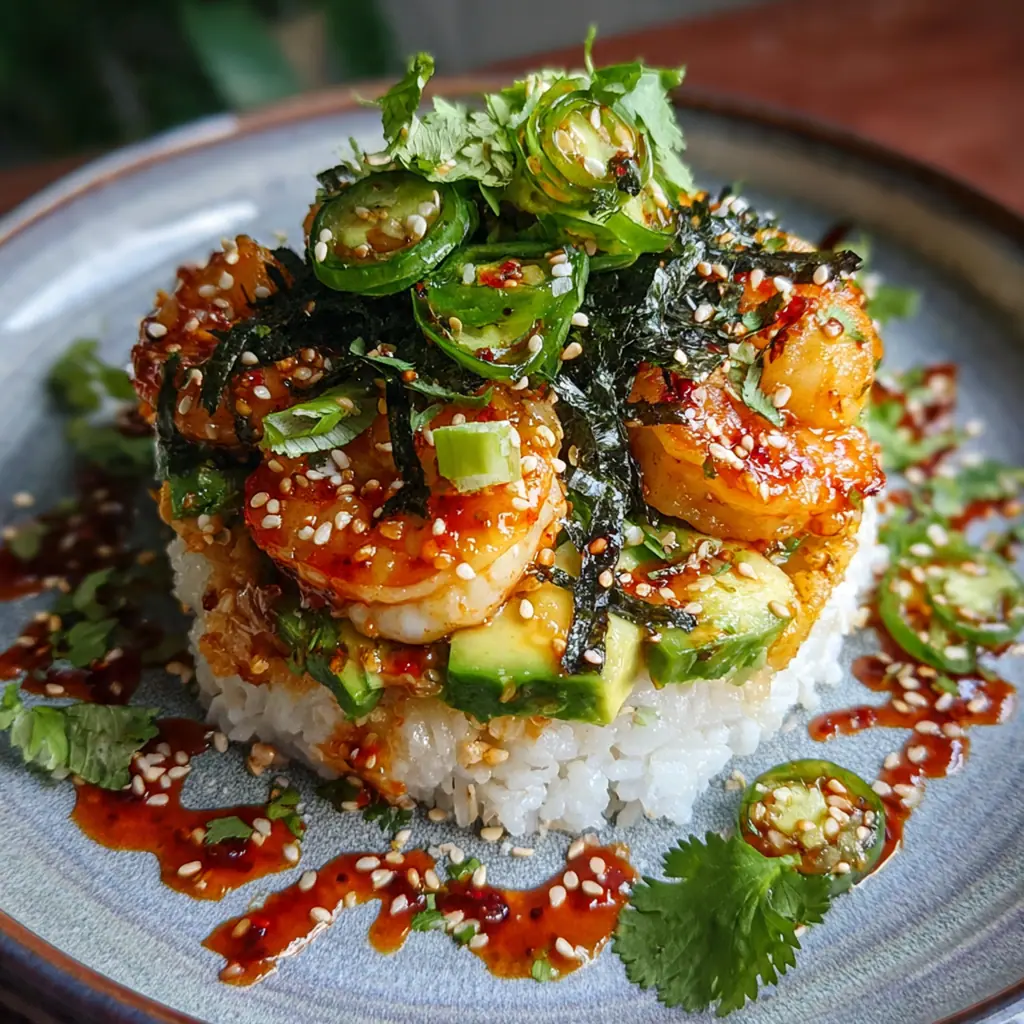 Close-up of succulent spiced shrimp piled on top of fresh diced avocado, cucumber, and mango
