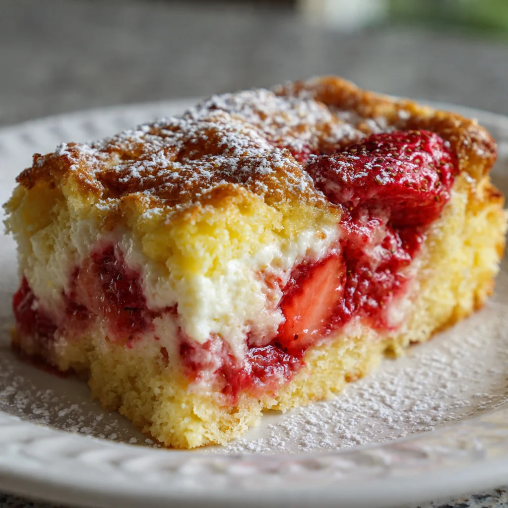 Close-up of a baking dish showing the layers of red strawberry filling, creamy cheesecake, and buttery cake topping
