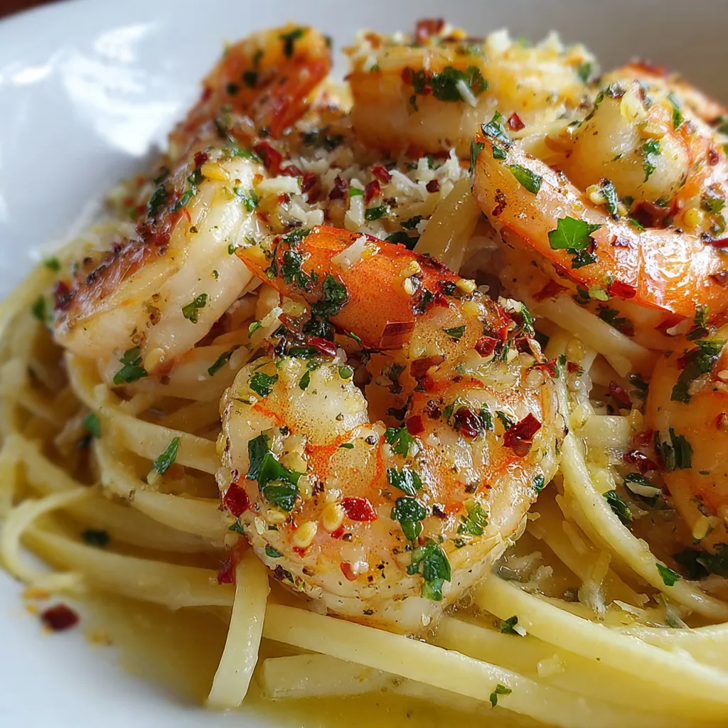 Close-up of plump pink shrimp and linguine coated in a vibrant lemon wine sauce