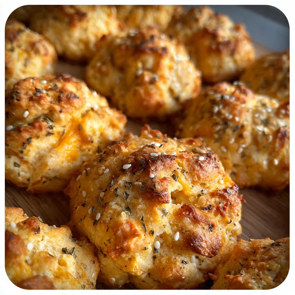 An overhead shot of freshly baked cheesy thumbprint cookies next to a glass of white wine on a wooden table.