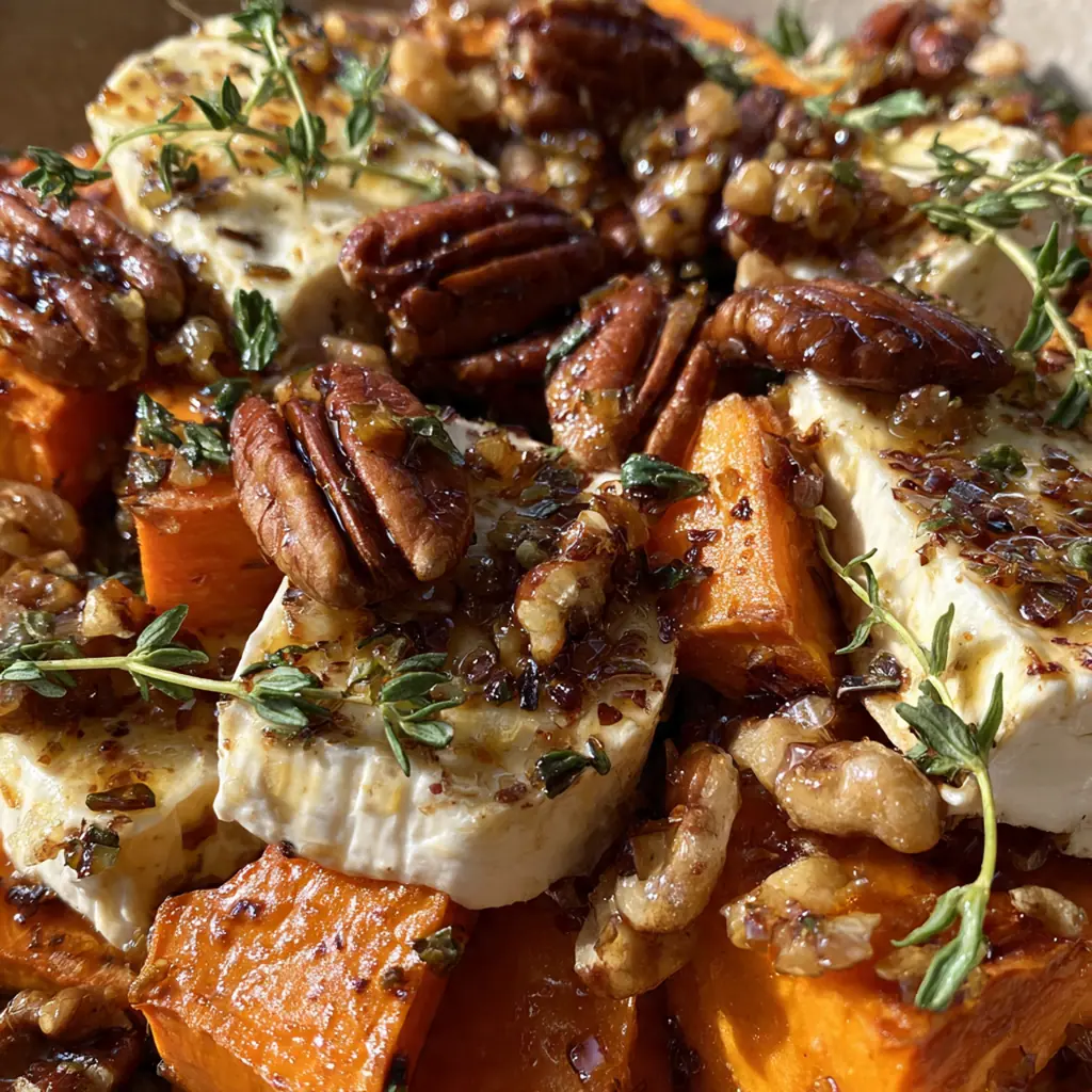 Close-up of a fork pulling up a gooey bite of sweet potato and melted Brie with crunchy pecans