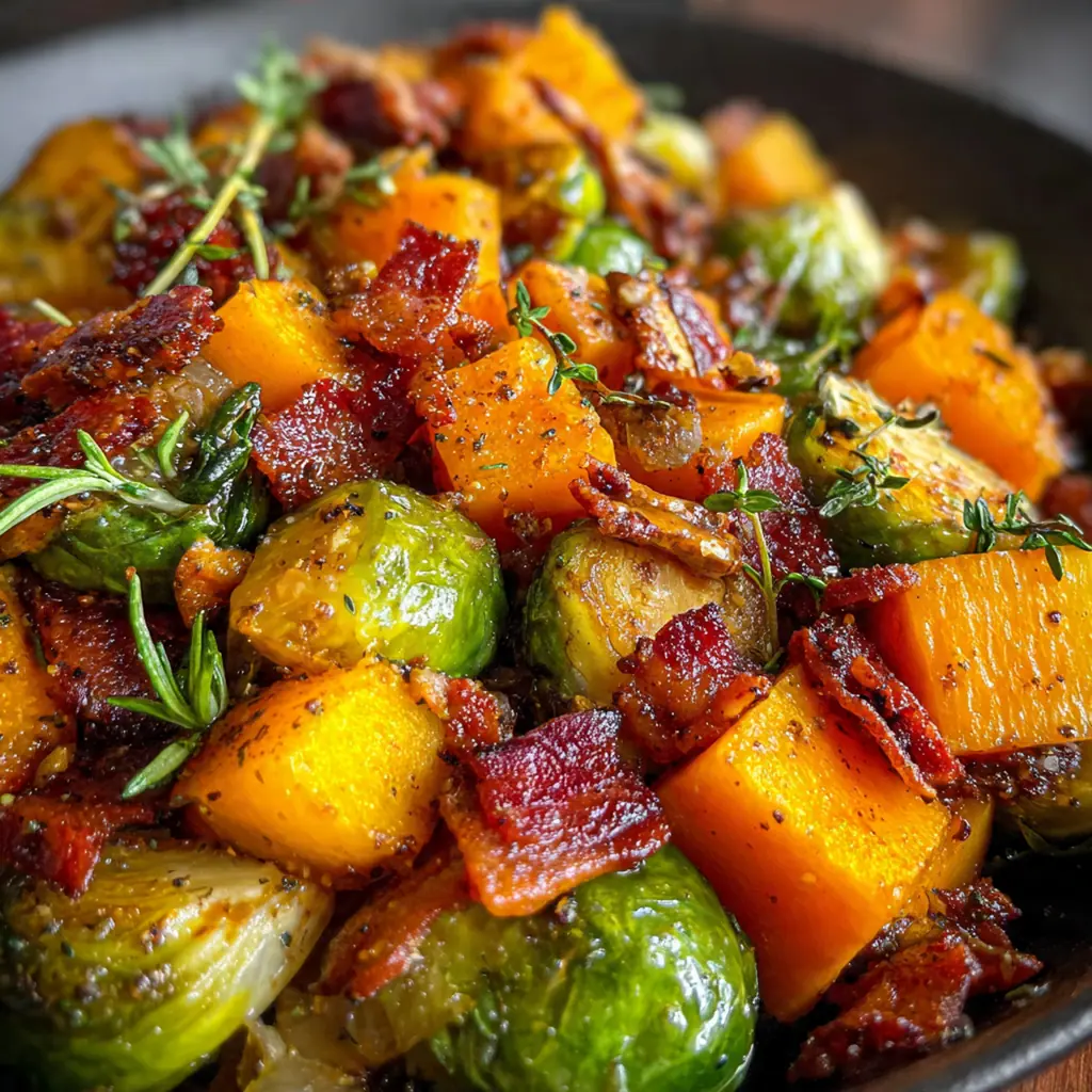 Close-up of caramelized Brussels sprout halves and tender squash cubes coated in a sticky, glossy sauce