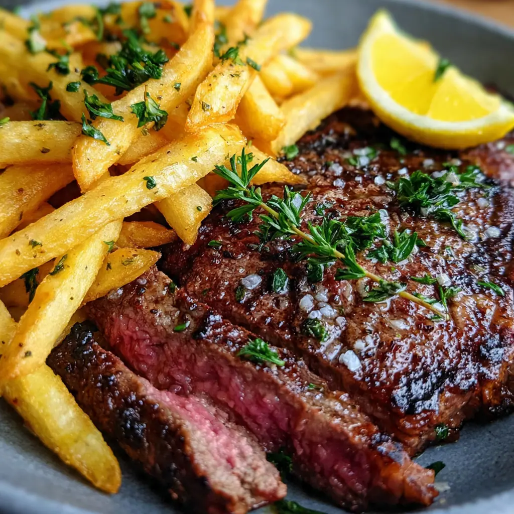 Close-up shot of a seared steak resting with fresh thyme and garlic in a cast iron skillet