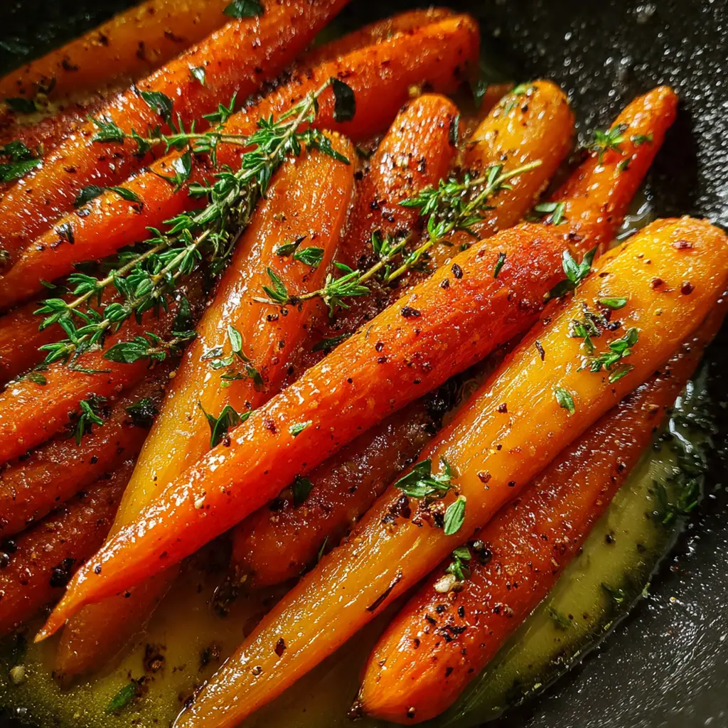 Close-up of tender carrot rounds glistening with orange honey glaze and fresh parsley