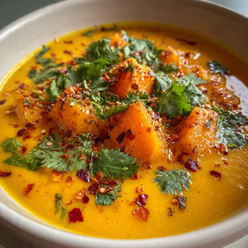 Steaming bowl of Thai-inspired pumpkin soup with a lime wedge and drizzle of coconut milk on top