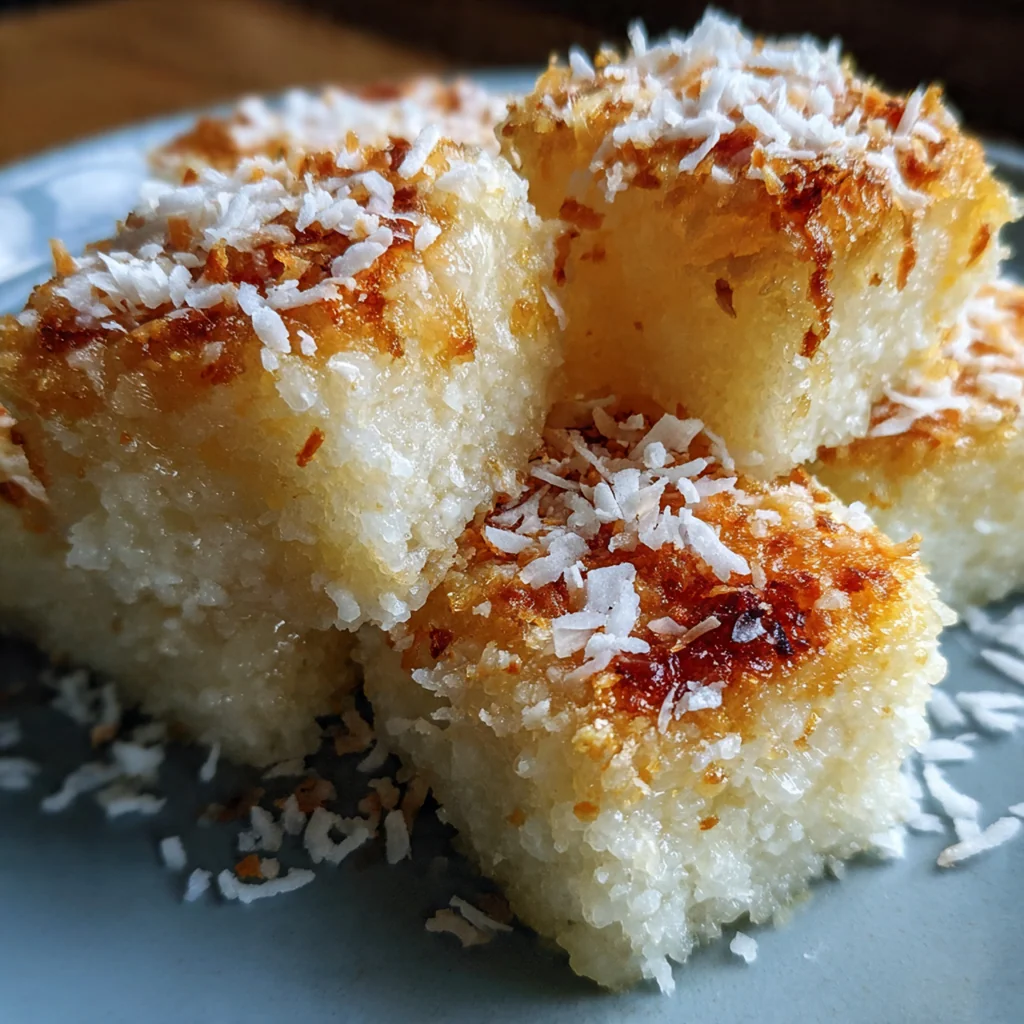 Close-up of cut Hawaiian butter mochi pieces revealing the soft, stretchy coconut custard interior