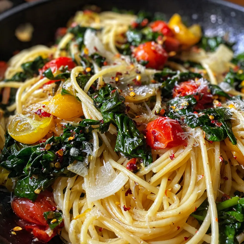 Close-up of tender spaghetti and wilted Swiss chard garnished with fresh Parmesan cheese and basil leaves